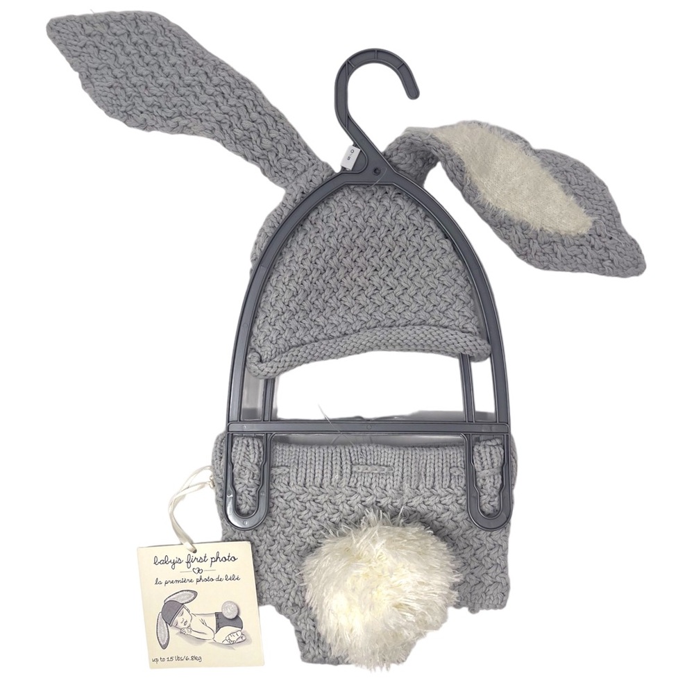 Baby’s first photo bunny ear and bunny tail outfit knit grey fluffy tail NWT